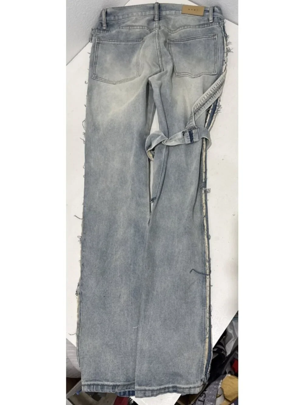 mnml Streetwear Torn Ripped Shredded Flared Light Wash Jeans Mens Size 33X36